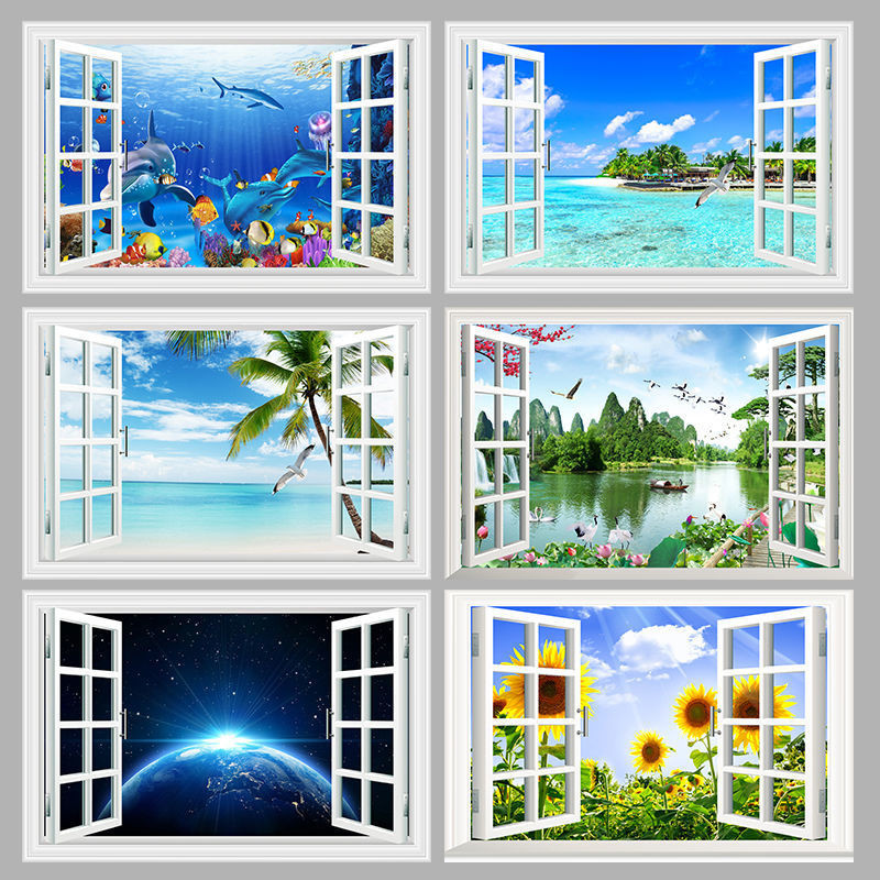 Fake Window Landscape Wall Stickers Living Room Background Bedroom ...