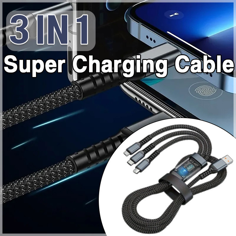 6A Super Fast Charging Cable 3 in 1 Data Cable USB Type C 100W Fast ...