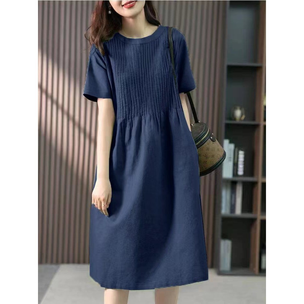 T Classy Cotton Linen Solid Color Dress Women Summer New Style Loose Cover  Belly Casual Mid-Length Dress Large Size | Shopee Singapore