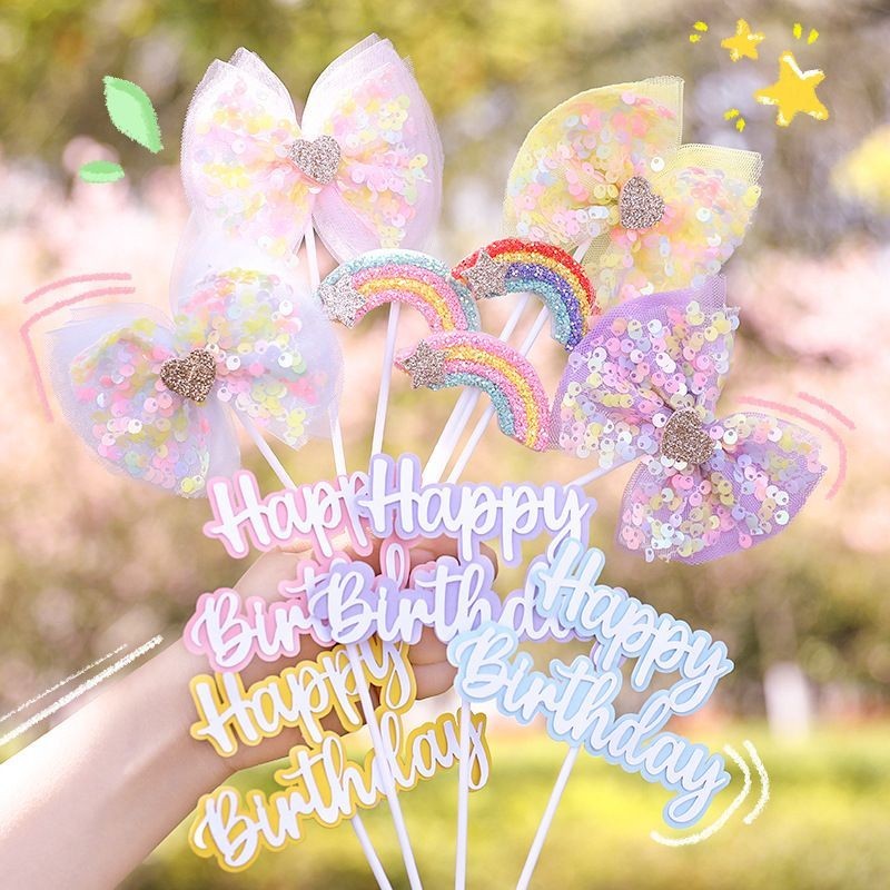Ins Ribbon Rainbow Happy Birthday Topper Decoration Kek Hiasan ...