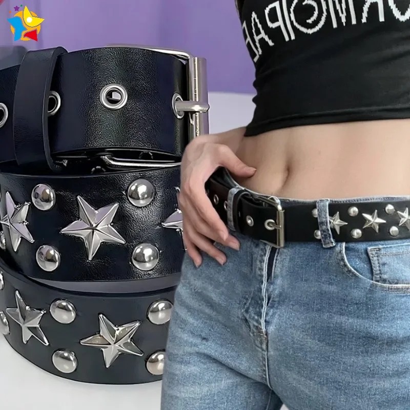 【jentlouis】Leather Studded Belt Y2K Casual Punk Silver Star Rivet Belt Y2K Fashion Black PU Leather