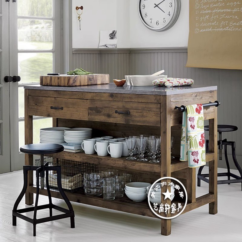 American Style Solid Wood Vintage Sideboard Kitchen Marble Island ...