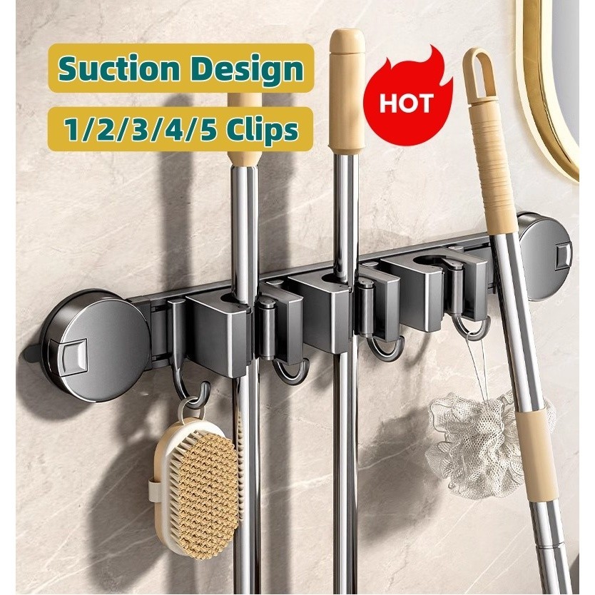 Strong Suction Mop Holder No-Drill Space Aluminum Broom Storage Rack ...