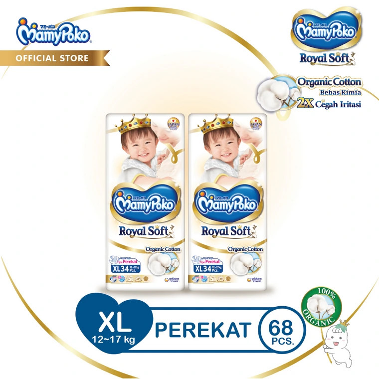 MamyPoko Royal Soft Organic Cotton - XL 34 - Popok Perekat - 2 Packs - Super Jumbo