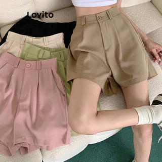 Lovito Casual Plain Button Pocket Shorts for Women LNE37226 (Khaki/Apricot/Light Pink/Light Green/Black)