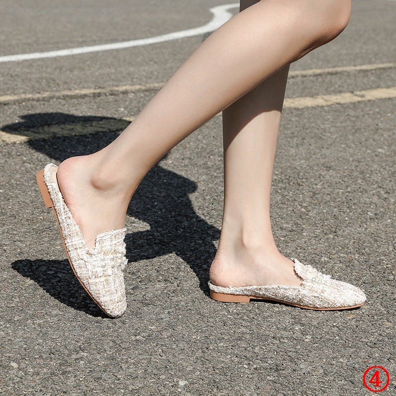 2024 Summer Pearl Baotou Large Size 43 Flat Half Slippers Women Summer 