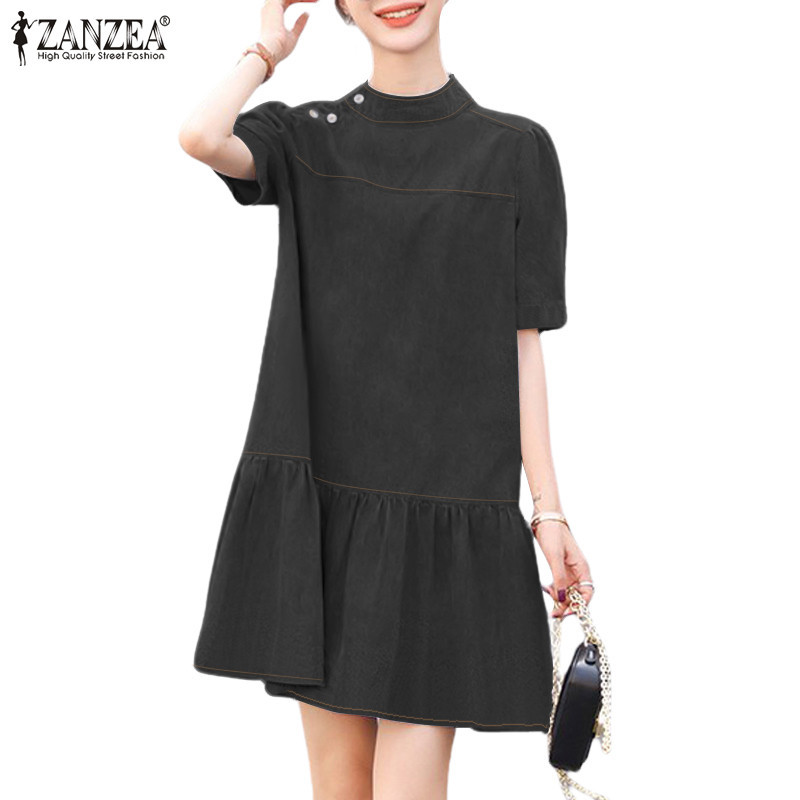 ZANZEA Women Korean Knee Length Solid Color Stand Collar Short Sleeve ...