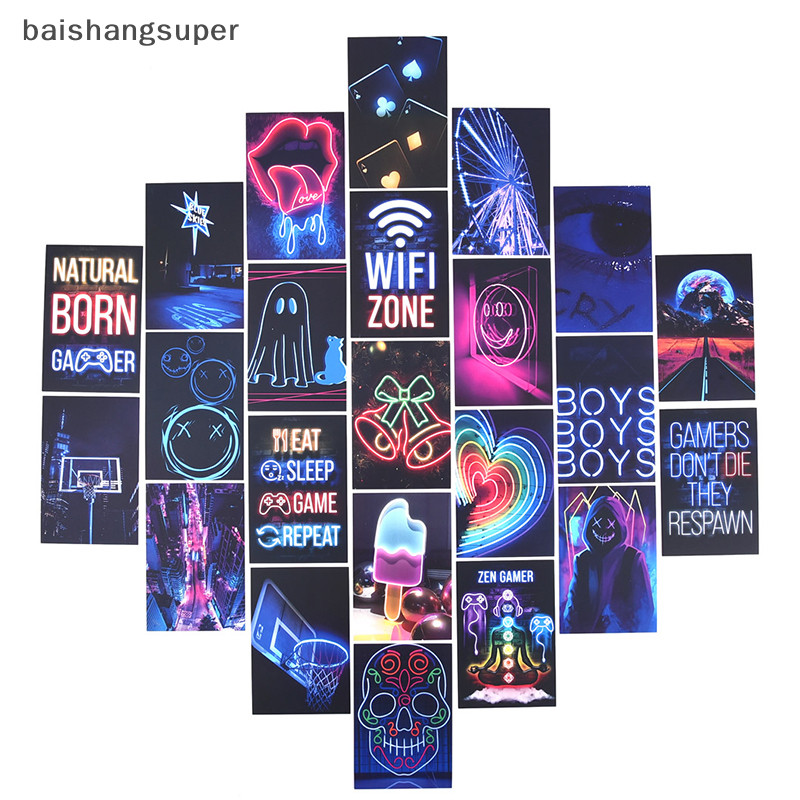 BA1SG 50Pcs Neon Art Wall Collage Kit Neon Poster Sticker Postcard Wall ...