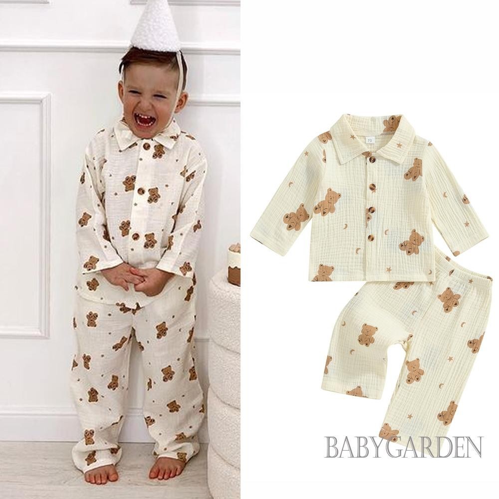 BAGA 1 6years Kids Girl Boy 2pcs Fall Pajamas Set Bear Print Long Sleeve Lapel Button Down Shirt Elastic Waist Pants baby Sleepwear Shopee Singapore