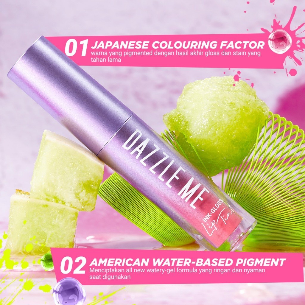 DAZZLE ME Ink-Gloss Lip Gloss Tinted Stain Tint Watery Ink Gel Moist Hydrating / Merah Jingga Official - Gambar 3