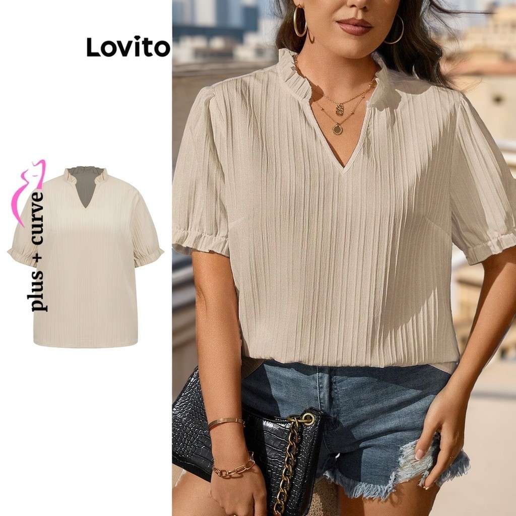 Lovito Plus Size Curve Elegant Plain Ruffle Neck Blouse For Women Lbl09415 Shopee Singapore 6363