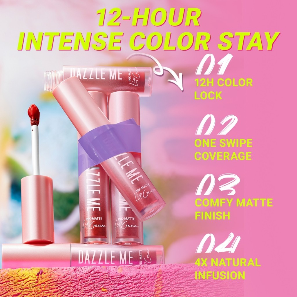 DAZZLE ME Ink-Matte Lip Cream High Pigmented dengan hasil akhir Matte Finish 12H / Merah Jingga Official - Gambar 2