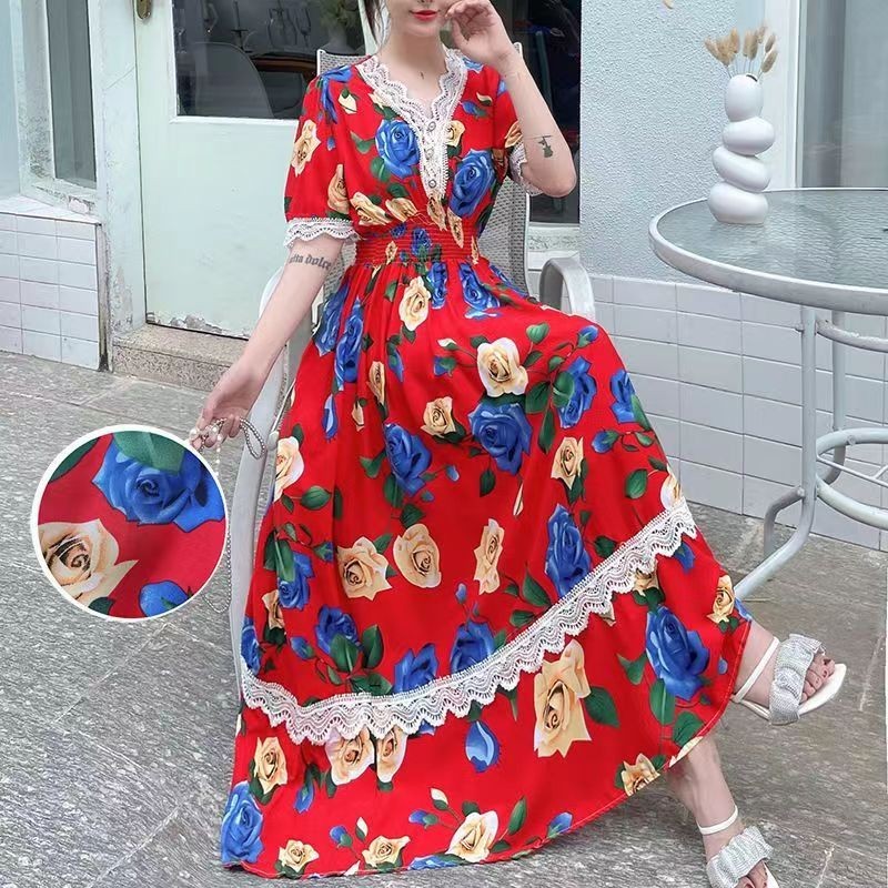 Summer Sexy Lace Dress Women Casual Plus Size Long Maxi Korean Style Beach  Floral Cotton Holiday Bohemian Indian Clothes V Neck Vintage Cotton Linen  Summer Sundress