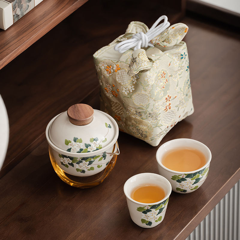 Travel Tea Set Grass Wood Gray Ceramic Quick Cup Portable Tea Set ...