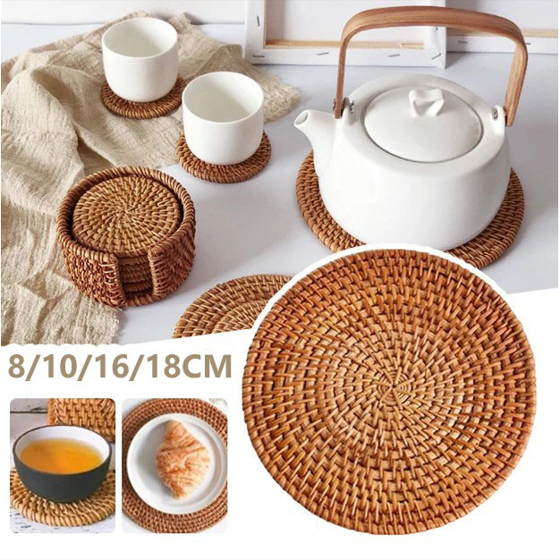 【8/10/16/18cm】Natural Rattan Coaster Cup Holder Round Table Mat Table ...