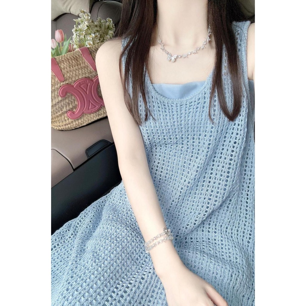 Loose Long Skirt 2024 Dress Solid Color Hollow Sling Wear Knitting ...
