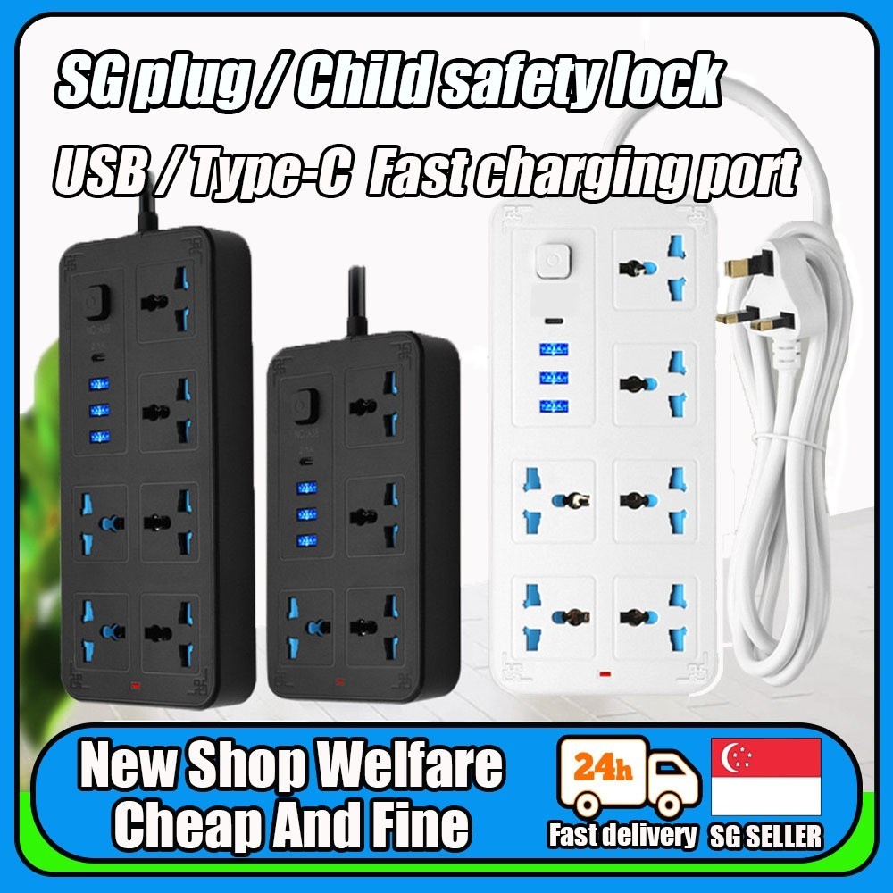 【SG Stock】Extension plug extension cord 6 Way Extension Socket with USB ...