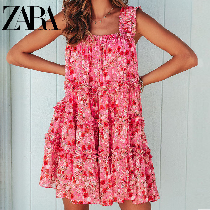 Zara Summer Sweet Fresh Layered Halter Back Floral Dress | Shopee Singapore