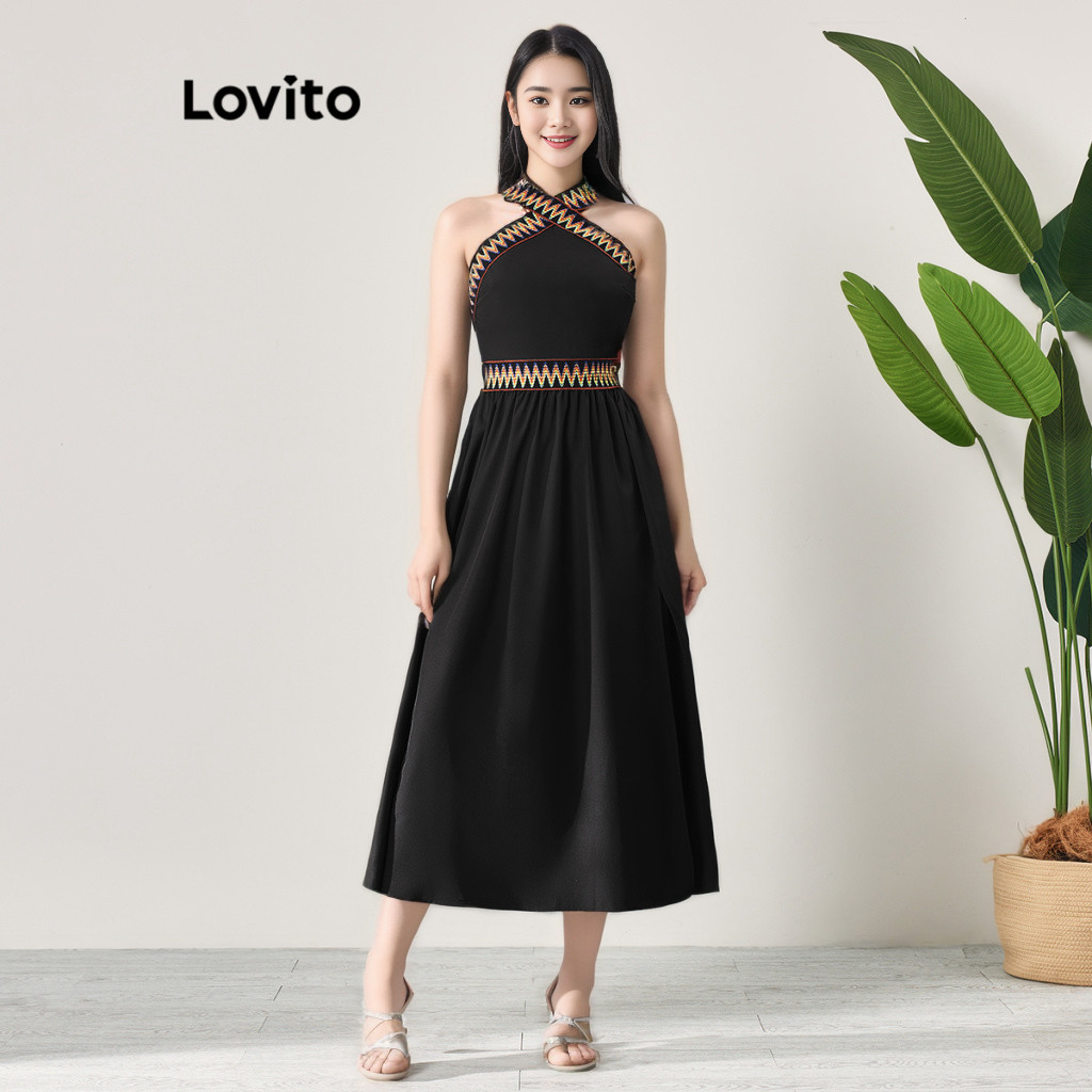 Boho Dress Plain Colorblock Pleated Dress for Women LBL06063 (Black ...