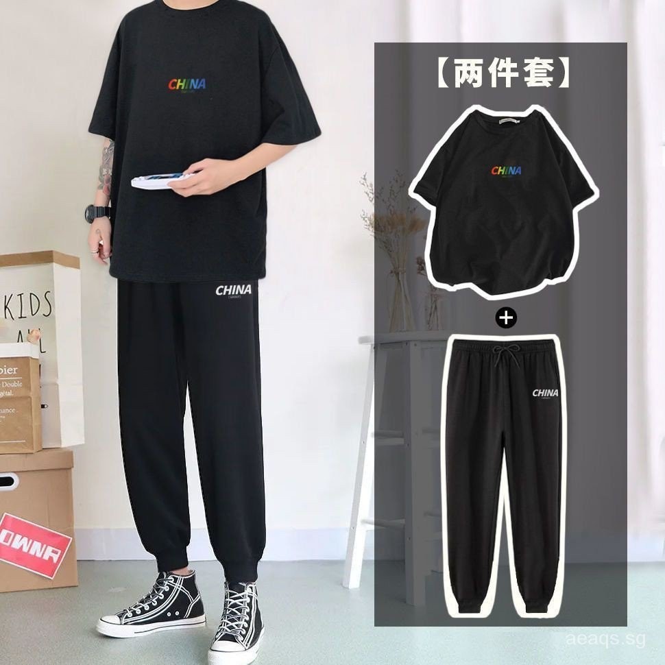 Casual Half Sleeve Casual Pants Ankle-Tied Short Sleeve Trousers Suit ...