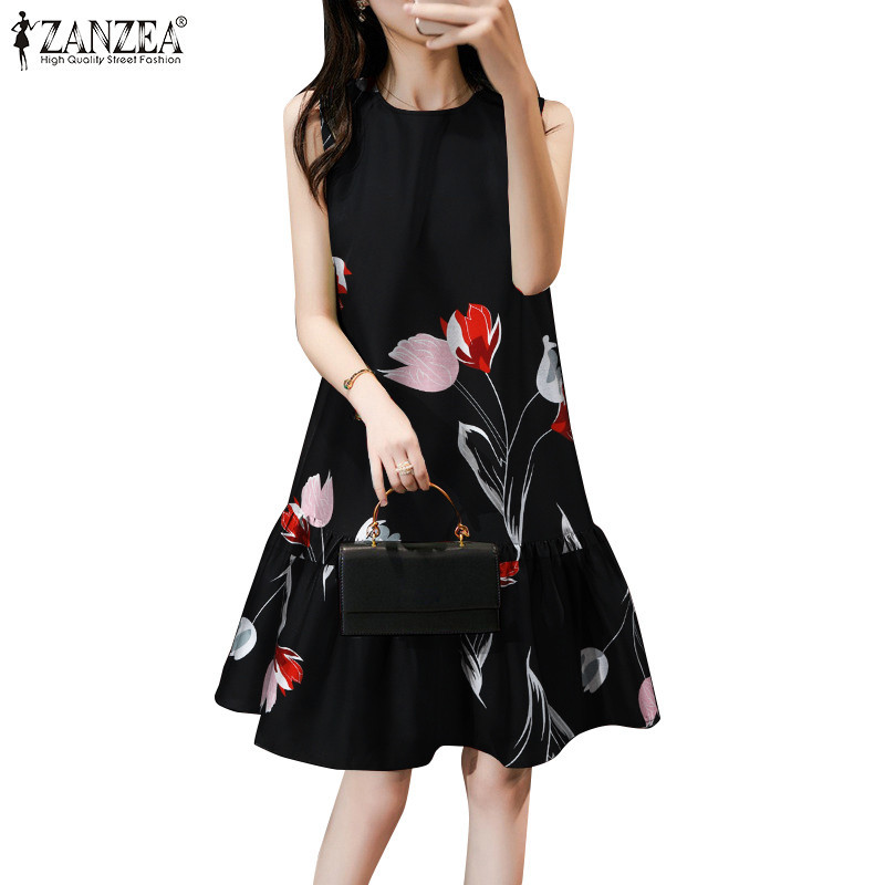 ZANZEA Women Korean O-Neck Sleeveless Fishtail Ruffle Hem Floral Print ...