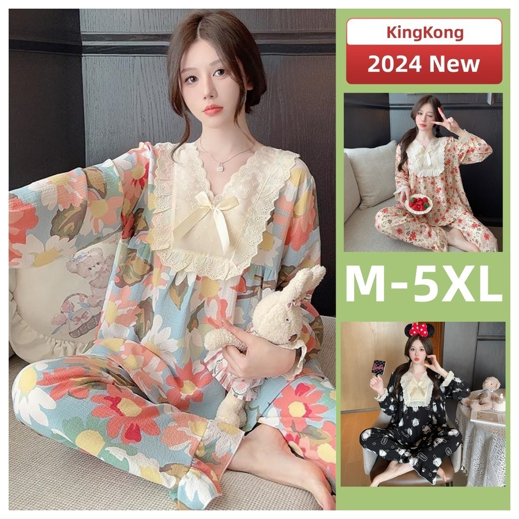 Pyjamas Women Crepe Cotton M-5XL Plus size Pajamas set Autumn Lady ...
