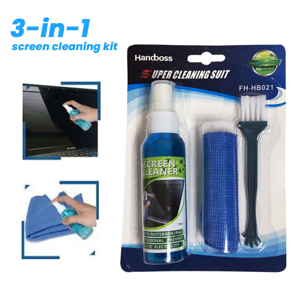 3 In 1 Screen Cleaning Kit Spray Brush Fiber Cloth for PC TV Laptop LED ...