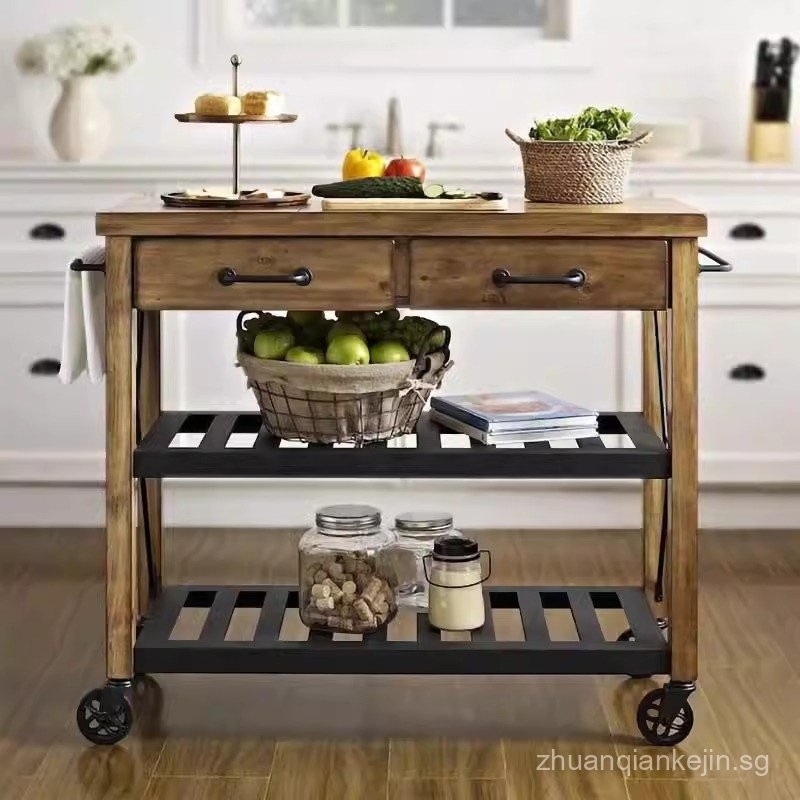 American Style Solid Wood Movable Island Table Dining Cart Iron Art ...