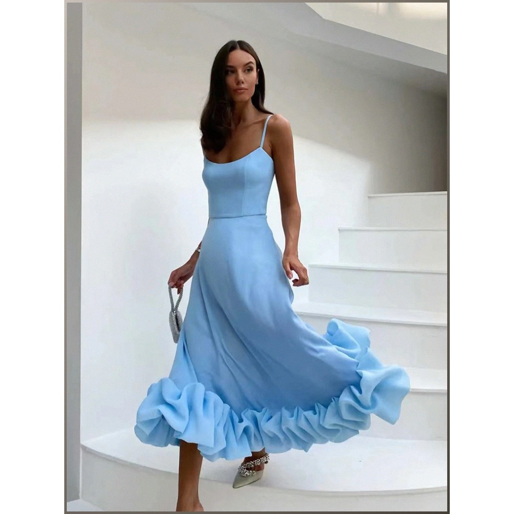 Spaghetti Strap Asymmetrical Plain Ruffled Midi A-Line Dress main image 0