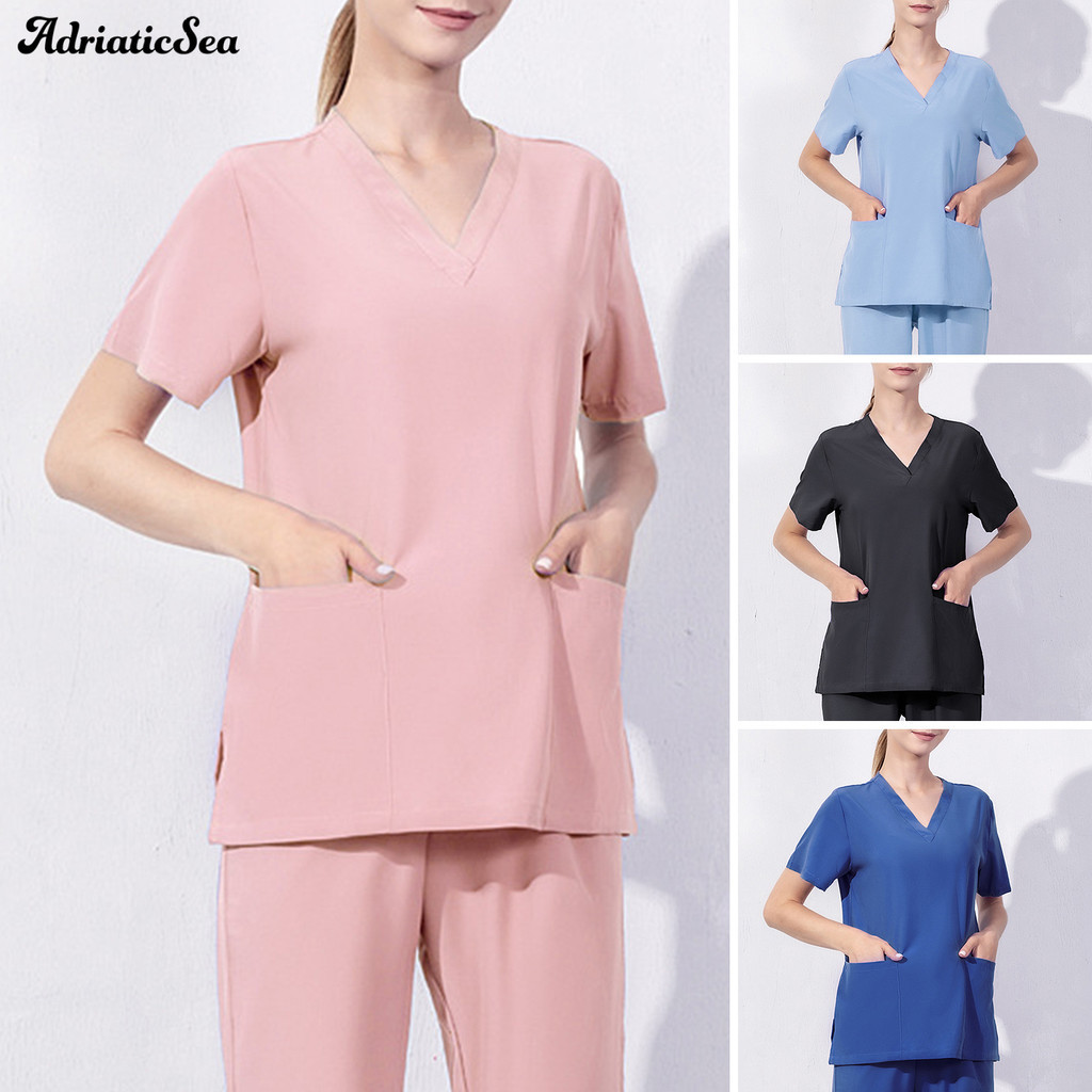 AD-V-Neck Short Sleeve Operating Room Uniform Tops Pockets Side Split ...