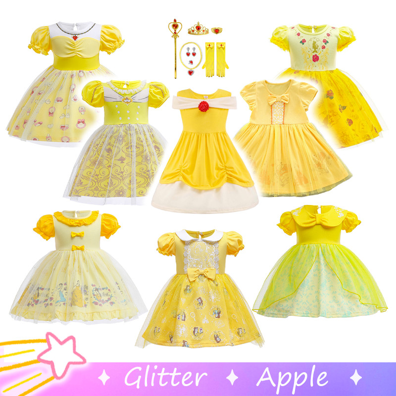 Princess Belle Short Sleeve Yellow Dress For Kids Girl Printed Mesh Cotton  Gown Beauty And The Beast Cosplay Costuem Set