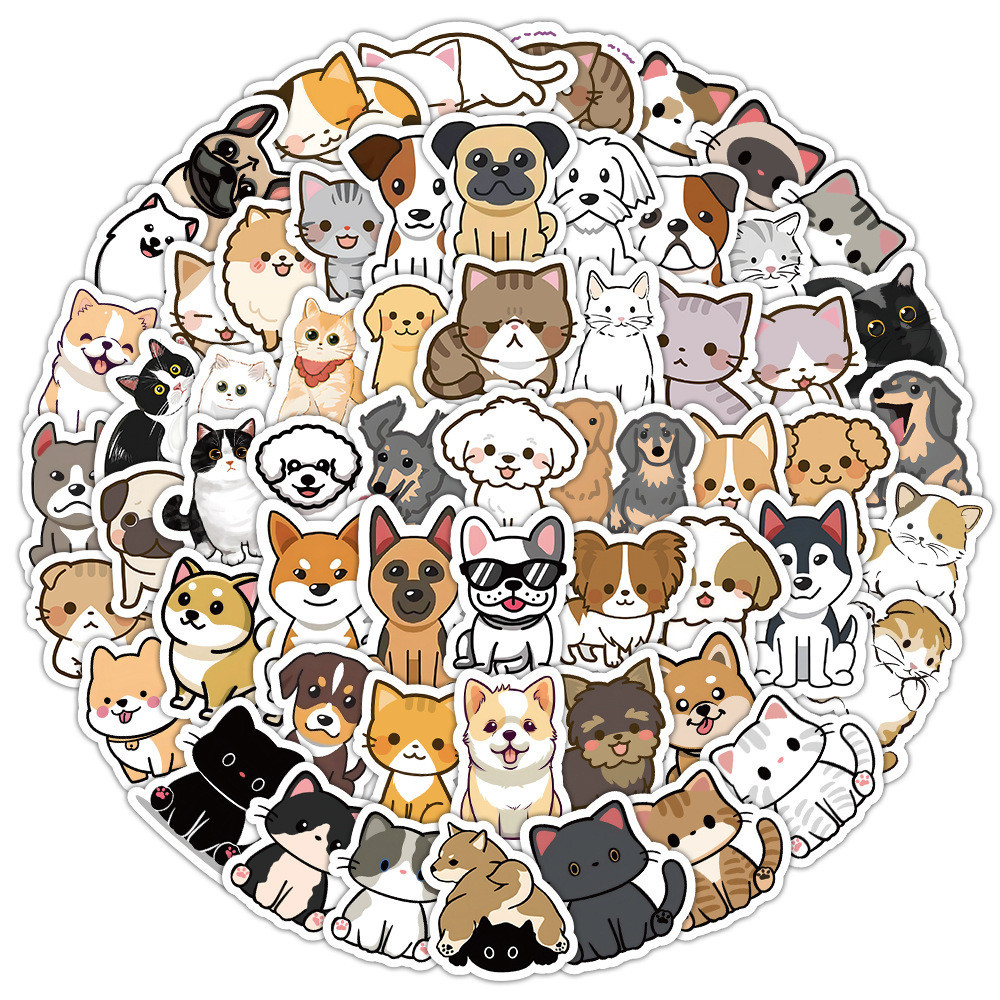 100PCS Cartoon Cute Hand Drawn Cats and Dogs Waterproof Graffiti ...