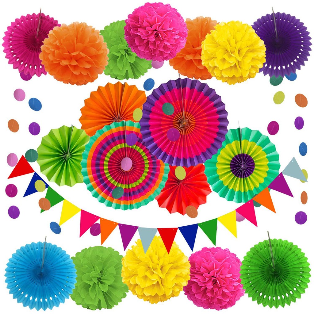 20pcs Colorful Mexican Themed Hanging Paper Fans, Rainbow Paper Pom ...