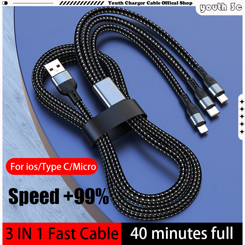 3 In 1 120W Super Fast Charging Cable Nylon Braided Data Cable USB 6A ...