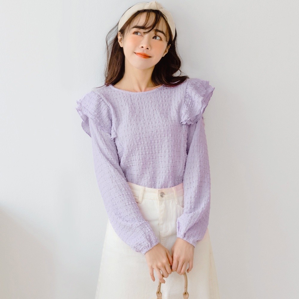 Ob Design Women Casual Sweet Ruffle Jacquard Long Sleeve Blouse Top ...