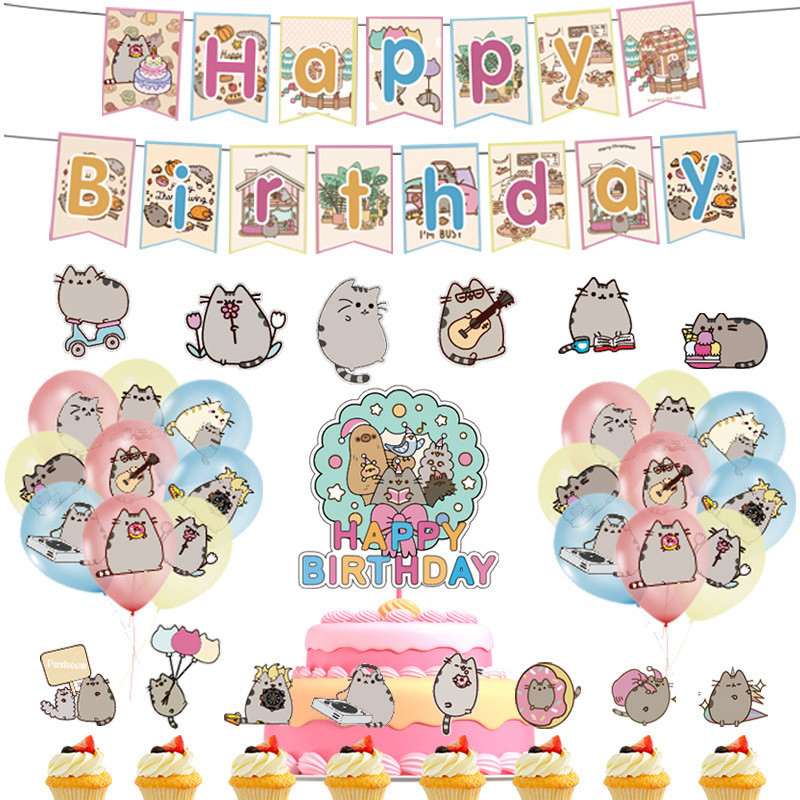 Pusheen cartoon cat themed children's birthday party decoration, flags ...