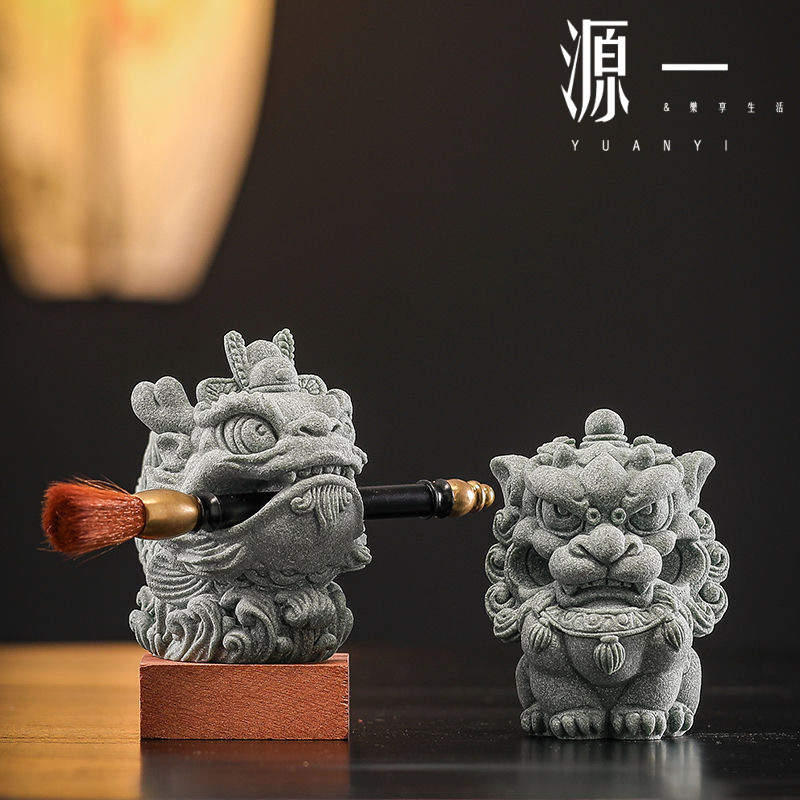 新中式创意青砂石笔架摆件可爱石狮貔貅麒麟祥龙招财桌面茶宠摆件笔架笔