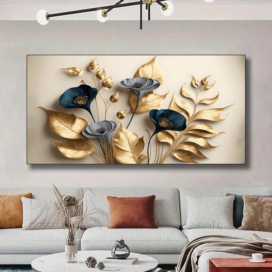 Modern Green Flowers Beige Gold Leaves Wall Art Canvas Painting Prints