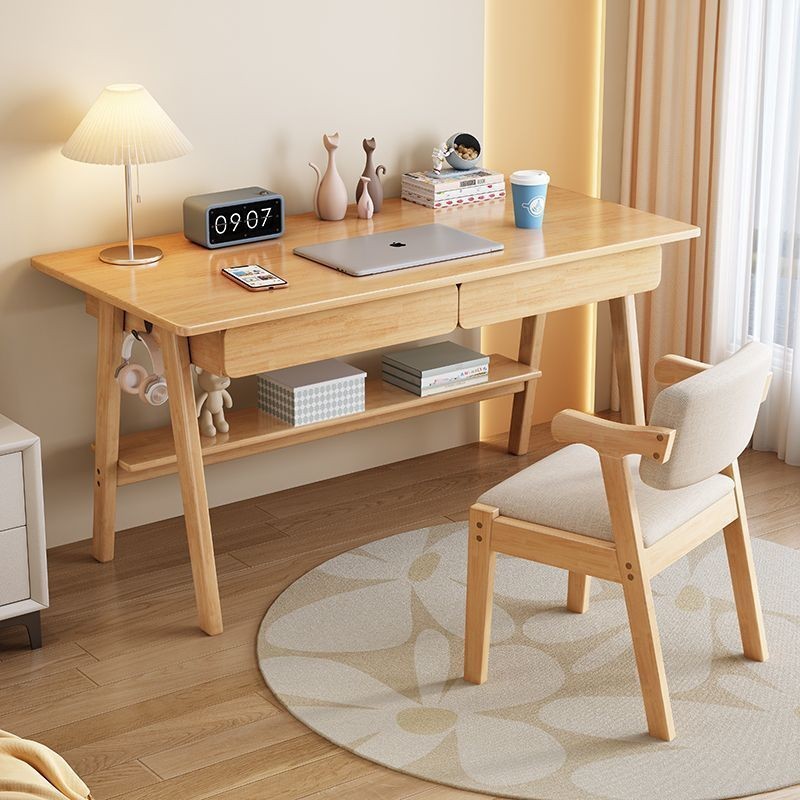 Study Table New Solid Wood Double Drawer Desk Simple Bedroom Walnut ...