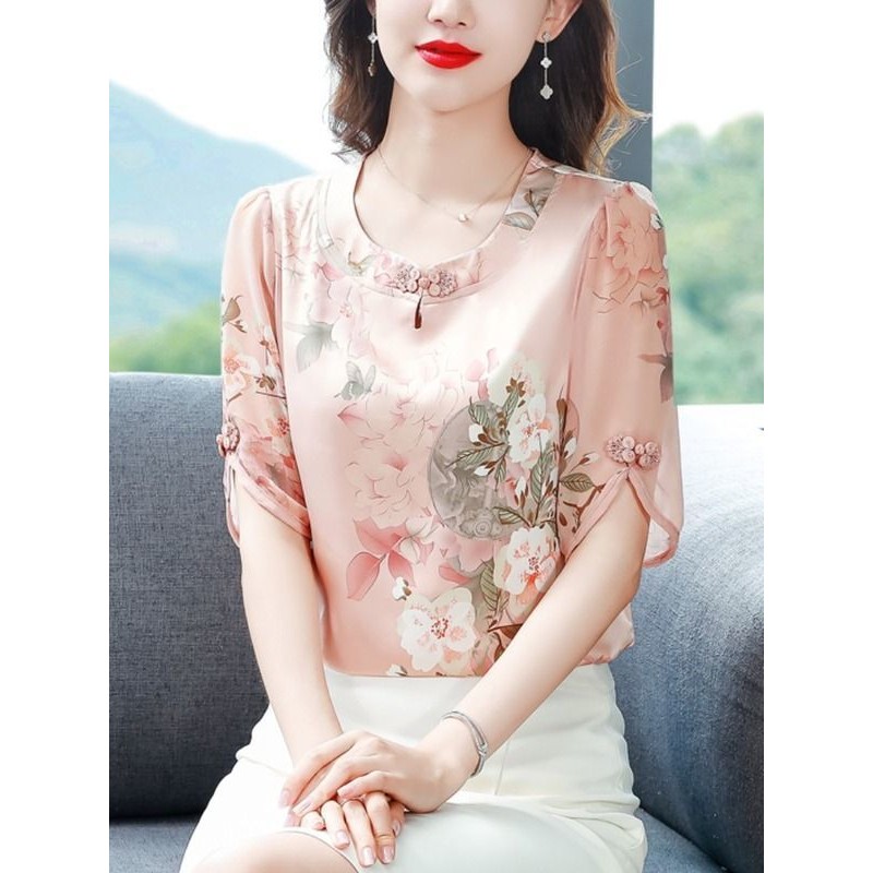 New Chinese Style Satin Floral Top Chinese Style Buttoned Small Shirt ...