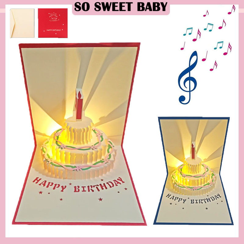 3D Birthday Card with Music and Light Happy Birthday Cake Greeting Card ...