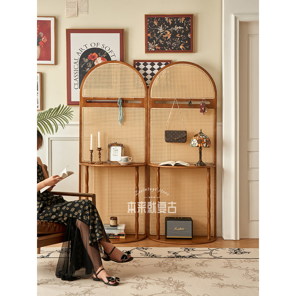French Retro Solid Wood Rattan Screen Partition Living Room Entrance ...