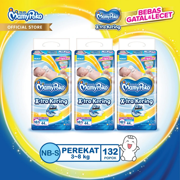 MamyPoko X-tra Kering - NB-S 44 - Popok Perekat Newborn Bayi Baru Lahir - 3 packs