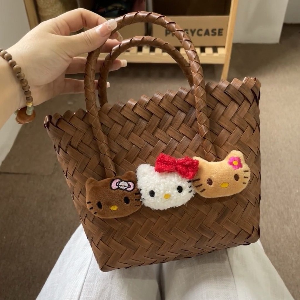 Hello Kitty Summer Black Skin Woven Tote Bag Girl Fashion KT