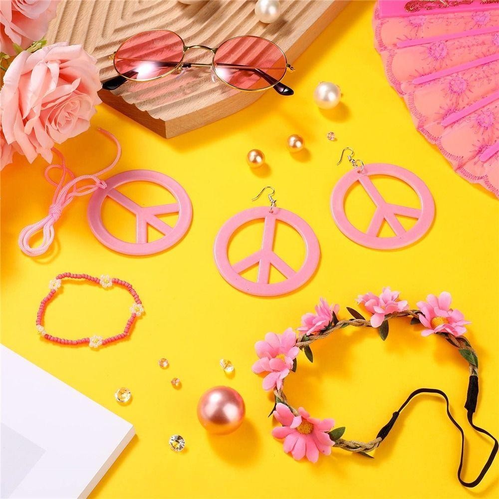 SHEHARUHI 4 Pcs Hippie Costume Accessories Set 70s Hippie Party Favors Decorations Peace Sign Necklace Boho Flower Headband Sunglasses Earrings For