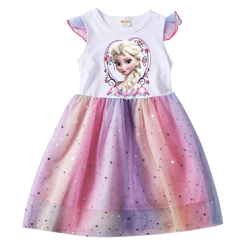 Frozen Princess Elsa Children's Mesh Dress Cartoon Print Girls Clothes ...