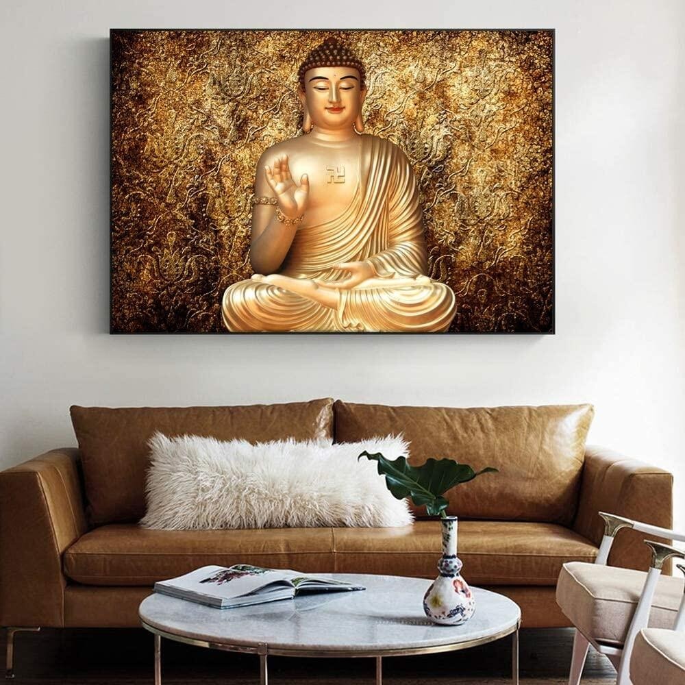 Print Painting Golden Color Buddha Wall Art Canvas Buddhism Portrait ...