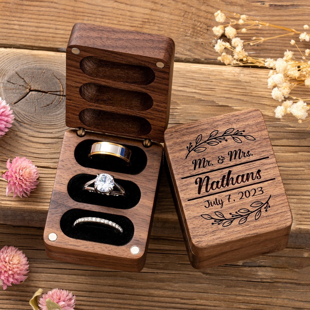 Customized] Triple Flip Wooden Ring Box Custom Wedding Ring Box