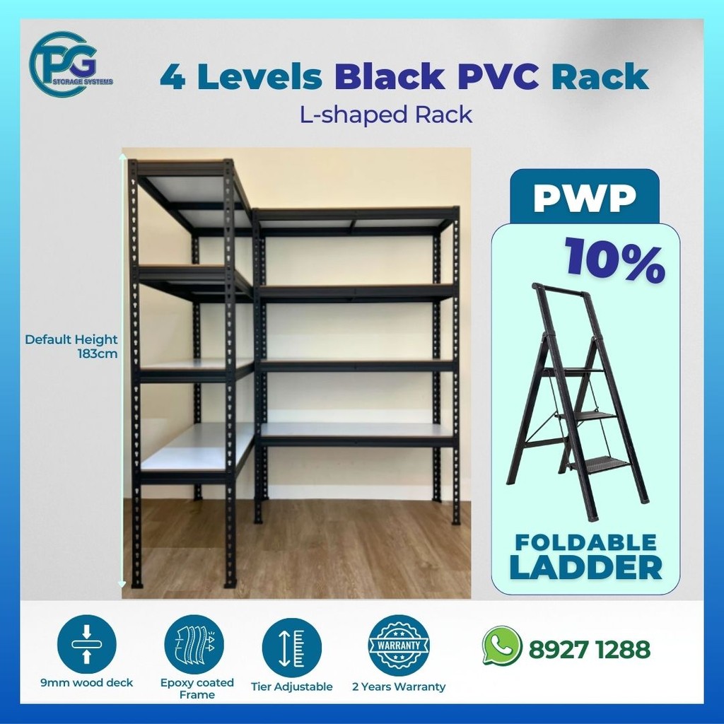 L-Shaped 4 Levels PVC Wood Deck Black Boltless Racking (Depth 45+45cm ...