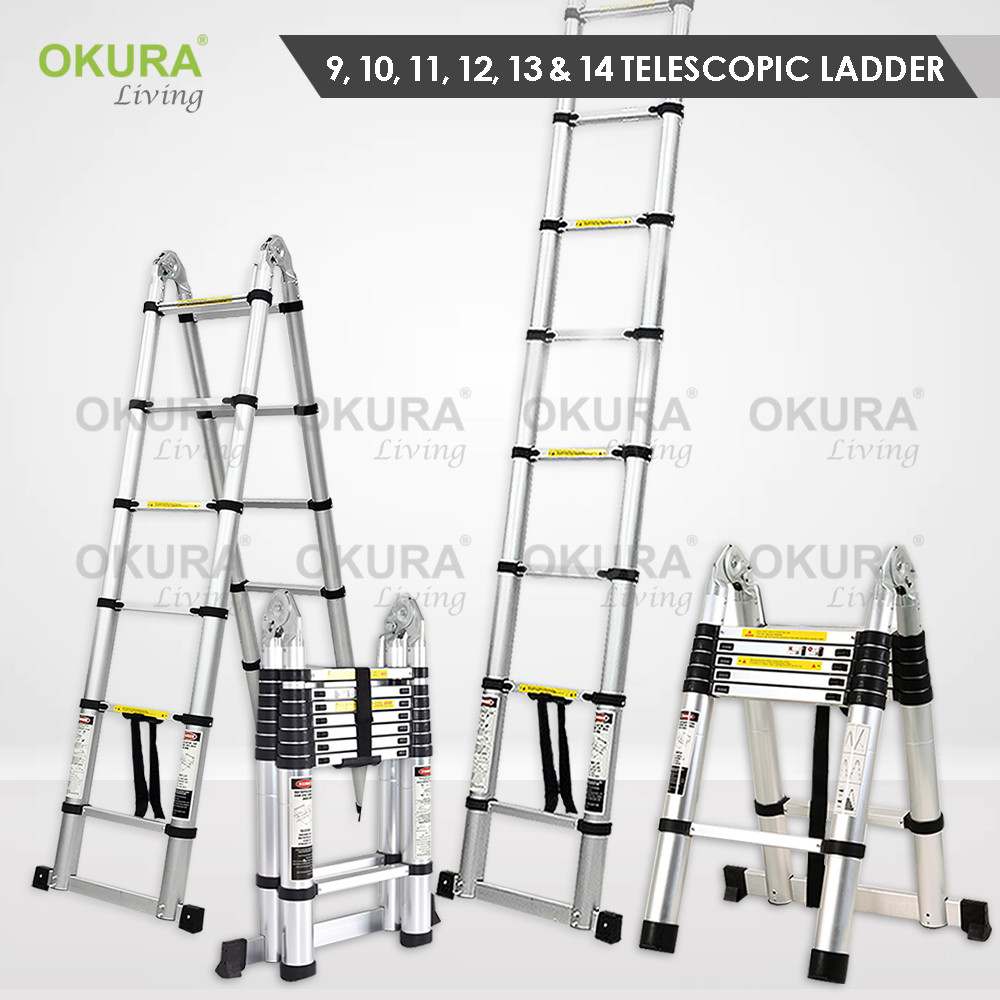 OKURA Multipurpose Telescopic Aluminum Ladder 3.2m/3.8m/4.4m Extendable ...